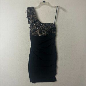 City Triangles Dress sz S Black one shoulder sequin pleated‎ Y2K going out NEW
